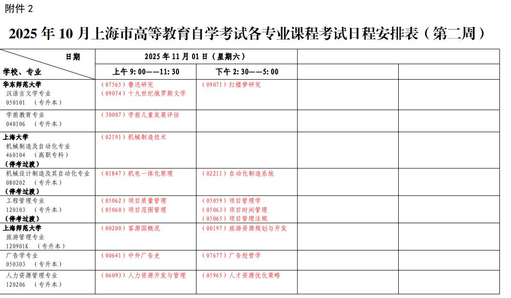 2025年上海10月自学考试时间及科目安排表