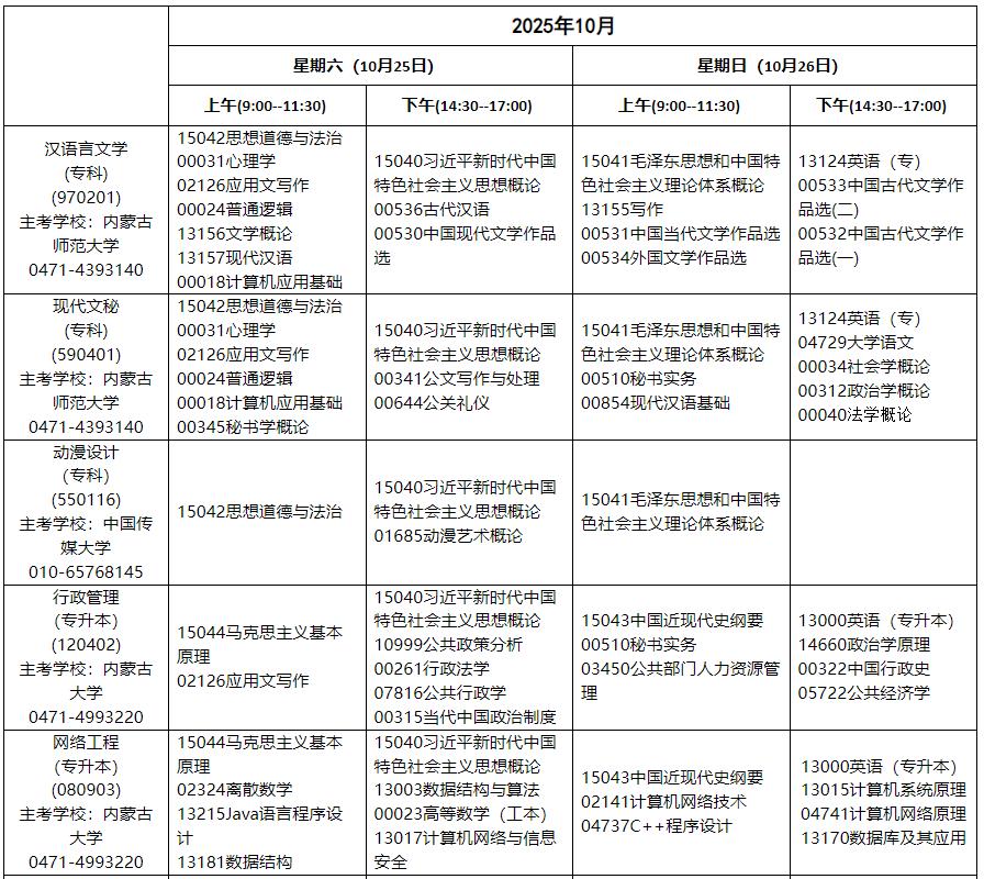 2025年10月内蒙古自学考试的考试时间及科目安排表一览